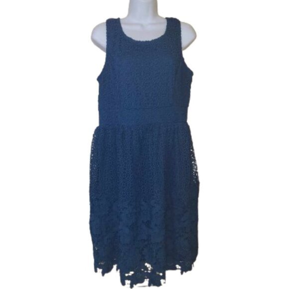 Teal Blue Fit and Flare Lace Dress Size 8 - Picture 1 of 7